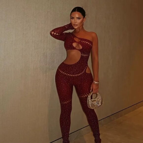 HR305 Bodycon Rhinestone Bodystocking/Jumpsuit Lingerie - Picture 4 of 8